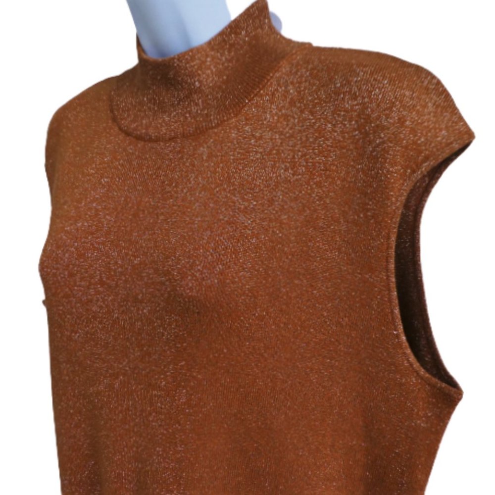 NEW Metallic Lurex SiLK Knit Top Vintage Mock Neck Sweater Sleeveless Copper 1X